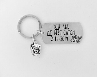 Softball gift baseball gift You are my best catch boyfriend girlfriend gift hand stamped key ring softball baseball key chain