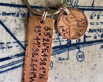 Latitude and longitude key ring • coordinates • hand stamped penny • address • 7th anniversary • map coordinates • copper anniversary .