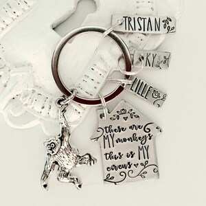 May include: Silver keychain with a house charm that says "These are 6 of my monkeys, this is my circus". There are also three smaller charms with the names Tristan, Ky, and Lille.