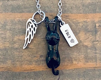 Black Cat urn Cremation pendant black kitten urn for ashes Memorial necklace loss of kitty hand stamped personalize black cat urn cremation