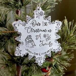 Our first Christmas as a family ornament personalized hand stamped first Christmas together family ornament 2024 snowflake ornament