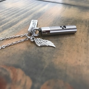 May include: Silver necklace with a small silver urn pendant, a silver wing charm, and a tag that reads "Always in my heart".