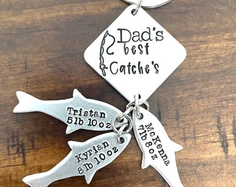 Dad’s best catches custom Father’s Day gift grandpa gift hand stamped and personalized kids names and weight fishing key chain