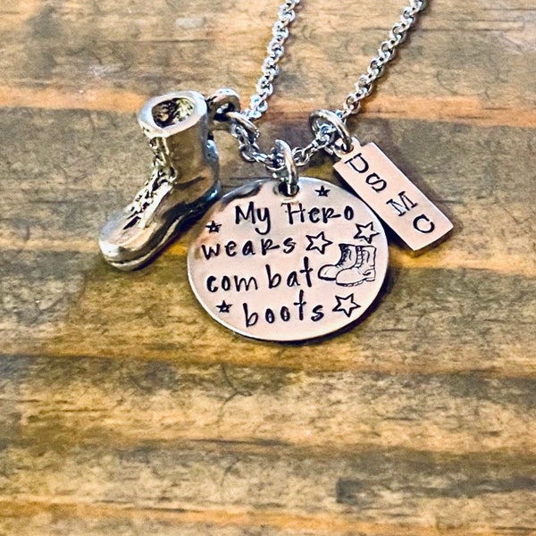 My hero wears combat boots Military deployment gift military mom military wife necklace girlfriend of a deployed soldier