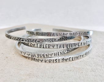 Mother's bracelet • skinny cuff • stacking bracelets • kids names • Pet bracelet • siblings • mother daughter • hand stamped metal bracelet