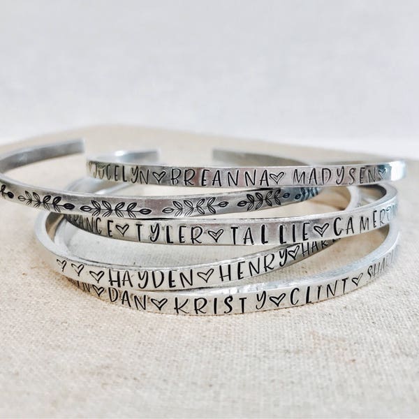 Mother's bracelet • skinny cuff • stacking bracelets • kids names • Pet bracelet • siblings • mother daughter • hand stamped metal bracelet.