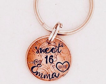 Sweet 16 key ring • Penny • personalized penny • Penny key ring • new driver • 16th birthday • license • Birthday gift .