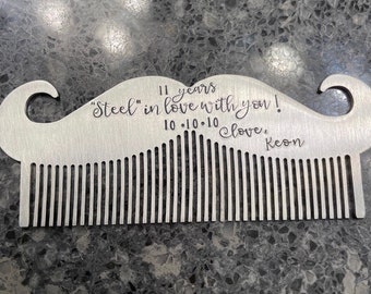 Mustache comb Steel anniversary gift Personalized hand stamped mustache comb beard comb 11th anniversary gift for him