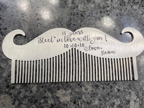 Mustache comb Steel anniversary gift Personalized hand stamped mustache comb beard comb 11th anniversary gift for him