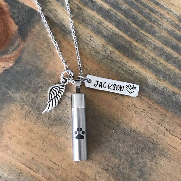 Pet cremation jewerly hand stamped pet urn ashes necklace, pet memorial cremation urn necklace loss of a furbaby, dog urn cat urn pet urn