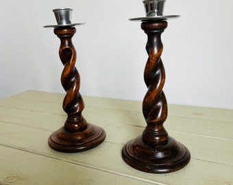 A Lovely Vintage Pair of Wooden Barley Twist Candlestick Holders