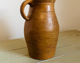 Vintage französischer Steinzeug Krug, rustikale Küchendekoration