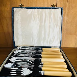 Könnte beinhalten: Ein Vintage-Besteckset in einer blauen Box. Das Set enthält Gabeln, Messer und Löffel mit cremefarbenen Griffen und glänzenden silbernen Klingen. Die Box ist mit weißem Satin ausgekleidet und hat einen dekorativen Verschluss.