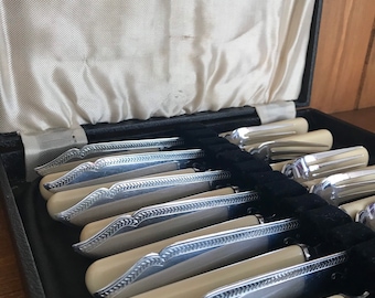Vintage Chrome Plated Fish Cutlery Set, Boxed, Set of 6