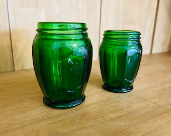 Vintage Green Glass Chemist Jars Pair, Decorative Apothecary Bottles