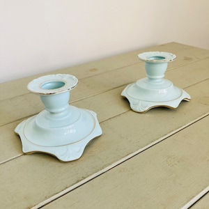Lovely Vintage Pair of Duck Egg Blue Bone China Candlestick Holders