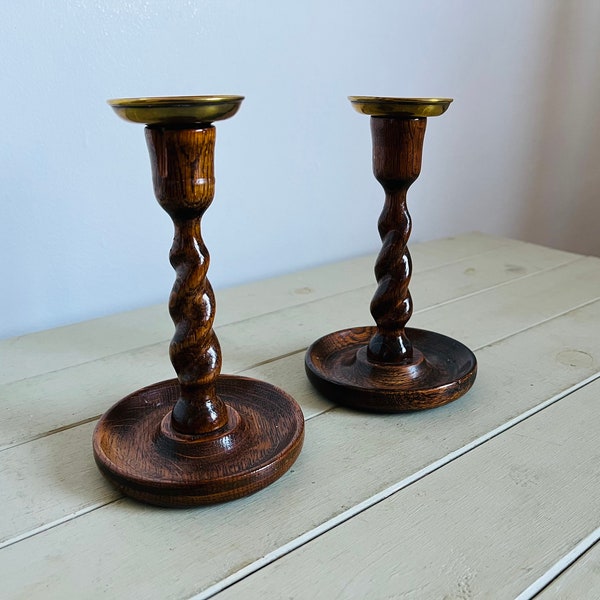 A Lovely Vintage Pair of Wooden Barley Twist Candlestick Holders