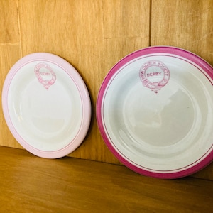 Puede incluir: Dos platos de cerámica blanca con ribete rosa y una inscripción rosa que dice "New Church Society Derby".