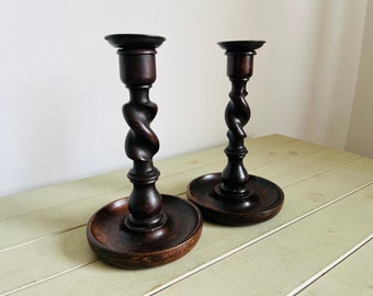 A Lovely Vintage Pair of Wooden Barley Twist Candlestick Holders