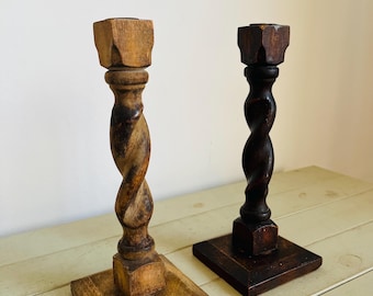素敵なヴィンテージ木製バーリーツイストキャンドルホルダーペア