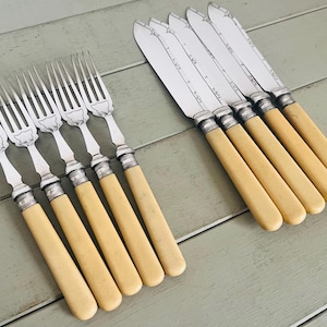Puede incluir: Un conjunto de cubiertos antiguos, que incluye tenedores y cuchillos. Los tenedores y cuchillos tienen hojas y púas plateadas, con mangos de color crema. La cubertería está dispuesta sobre una superficie gris claro.
