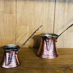 Lovely Vintage Pair of Turkish Copper Pouring Cups with Detailed Brass Handles