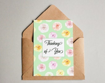Tarjeta floral "Pensando en ti": Tarjeta de amistad imprimible (PDF)