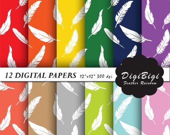 Feathers Digital Paper, Feathers Pattern Paper, White Feathers Digital Paper, Feathers Background, Rainbow Feathers Digital Paper