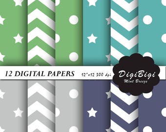Teal Geometric Digital Paper: Stars, Chevron, Dots (Digital Download)