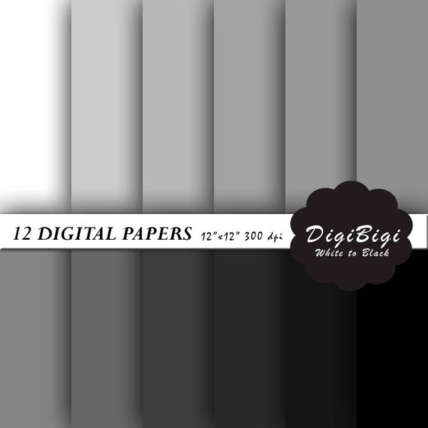 Black Gray White Digital Paper, 12 x 12, Solid Color, Grey Digital Paper, Instant Download, Scrapbooking Paper, Background, Paper Pack