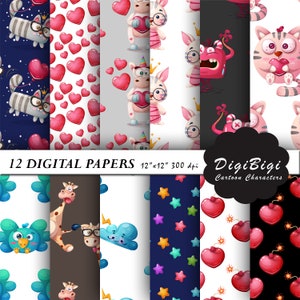Kids Digital Paper, Cartoon Digital Paper, Cartoon Characters Patterns, Kids Background, Fun Difital Paper, Fun Kids Patterns