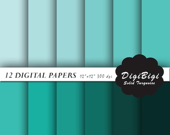 Puede incluir: Doce papeles digitales en tonos de turquesa, que van de claro a oscuro. Cada papel mide 30,48 cm por 30,48 cm y 300 dpi. El texto "DigiBigi Solid Turquoise" está en una nube blanca con un contorno negro.