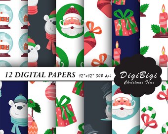 Christmas Digital Paper, Santa Digital Paper, 12 x 12, Christmas Background, Christmas Ornaments Digital Paper, Seamless Christmas Paper