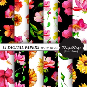 Watercolor Flowers Digital Paper, Floral Digital Paper, Watercolor Sunflower Paper, 12 x 12, Floral Background, Pink Floral Paper, Sunflower
