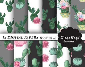 Watercolor Cactus Digital Paper, Seamless Cactus Digital Paper, Succulent Digital Paper, Cactus Background, Succulents Scrapbook Paper