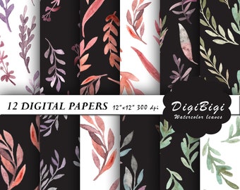 Watercolor Leaves Digital Paper, Seamless Leaves Digital Paper, Watercolor Leaves Patterns, 12 x 12, Floral Background, Botanical paper