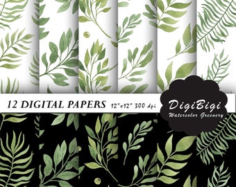 Watercolor Greenery Digital Paper, Seamless Tropical Digital Paper, Watercolor Leaves Patterns, Greenery Background, Leaves Scrapbook Paper