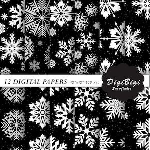 May include: Digital paper pack featuring a black background with white snowflakes of various sizes and designs. The text "12 DIGITAL PAPERS 12"x12" 300 dpi" is displayed. The DigiBigi Snowflakes logo is in the lower right corner.