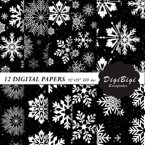 Snowflake Digital Paper, Seamless Christmas Digital Paper, Seamless Snowflake Paper, 12 x 12, Black Christmas Background, Black Sky Paper