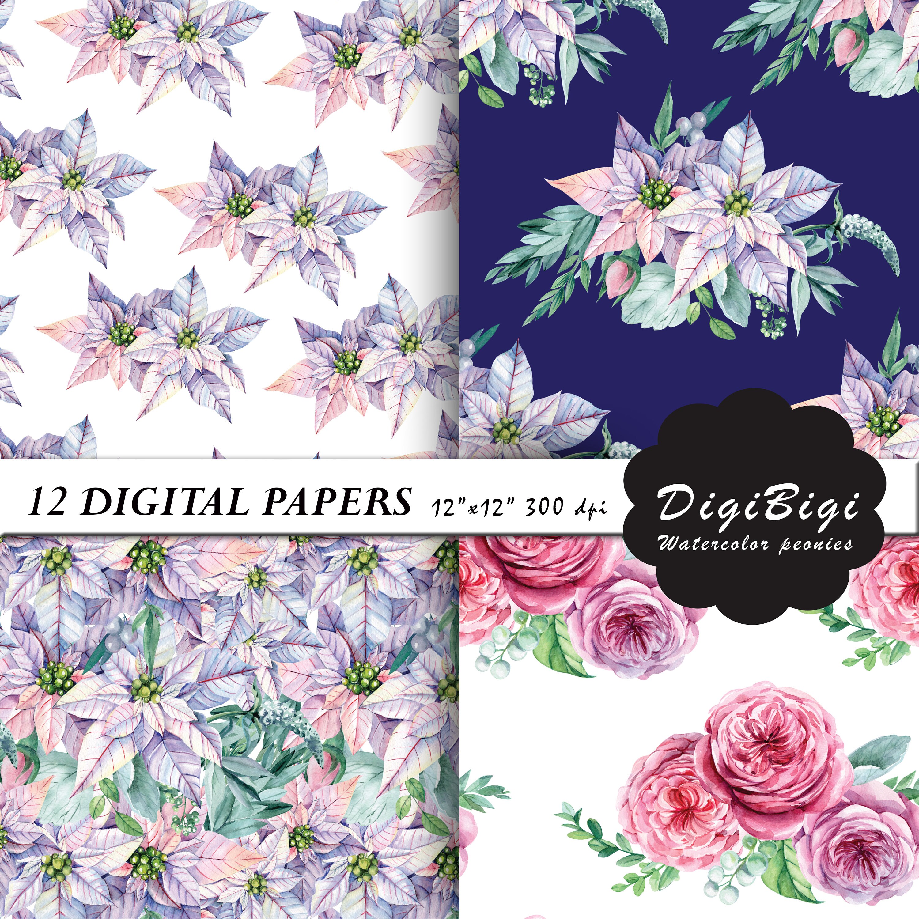 Watercolor Roses Digital Paper, Seamless Floral Digital Paper ...