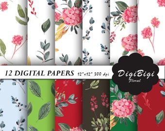 Watercolor Floral Digital Paper: Botanical Scrapbook Patterns (Digital Download)