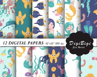 Sea World Digital Paper, Mermaid Digital Paper, Sea Patterns, Underwater Background, Mermaid Scrapbook Paper, Underwater Digital Paper