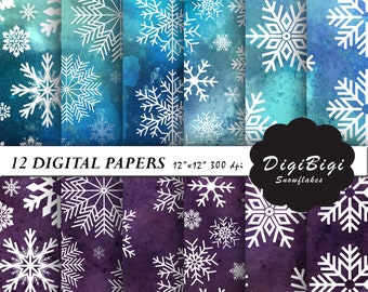 Schneeflocke Digitalpapier, Aquarell Schneeflocke Digitalpapier, Schneeflocke Muster 12 x 12, Weihnachtshintergrund, Aquarell Schneeflocke Backgound