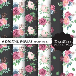 Floral Digital Paper, Pink Flowers Digital Paper, 12 x 12, Floral Background, Roses Digital Paper, Peonies Digital Paper,  Pink Grey Floral