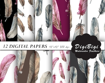 Watercolor Feathers Digital Paper, Seamless feather Digital Paper, Watercolor Feather Patterns, 12 x 12, Feather Background, Printable paper