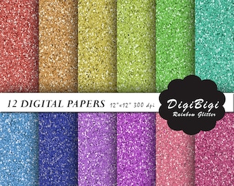 Glitter Digital Paper, Raibow Glitter Digital Paper, 12 x 12, Solid Color Glitter Background, Glitter Paper, Printable Glitter Paper