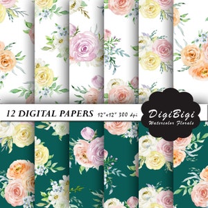 Watercolor Flower Digital Paper, Floral Digital Paper, Watercolor Roses Paper, Roses Background, 12 x 12, Floral Background, Printable paper