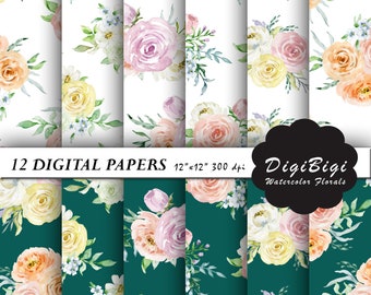 Watercolor Flower Digital Paper, Floral Digital Paper, Watercolor Roses Paper, Roses Background, 12 x 12, Floral Background, Printable paper