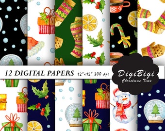 Watercolor Christmas  Digital Paper, Handdrawn Christmas Digital Paper, 12 x 12, Christmas Background,  Seamless Christmas Paper