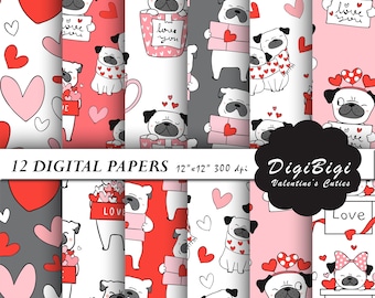 Valentines Digital Paper, Cute Puppies Digital Paper, Seamless Valentines Background, 12 x 12, Love Digital Paper, Cute Puppy Background